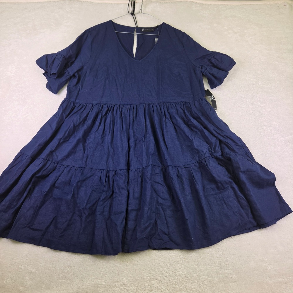New York & Company Navy Blue Tiered Babydoll Dress Ruffle Sleeve Large NWT